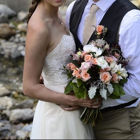 Strapless A-Line Beaded Lace Tulle Wedding Dress - Picture 4 of 13